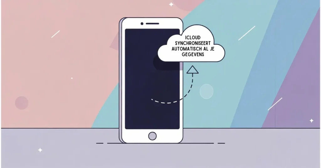 Minimalistische illustratie van iPhone die gegevens uploadt naar iCloud, visualisatie van back-up en synchronisatie