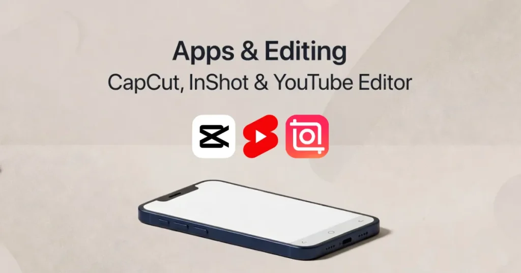 Minimalistische illustratie van smartphone en videobewerkingsapps CapCut, InShot en YouTube Studio